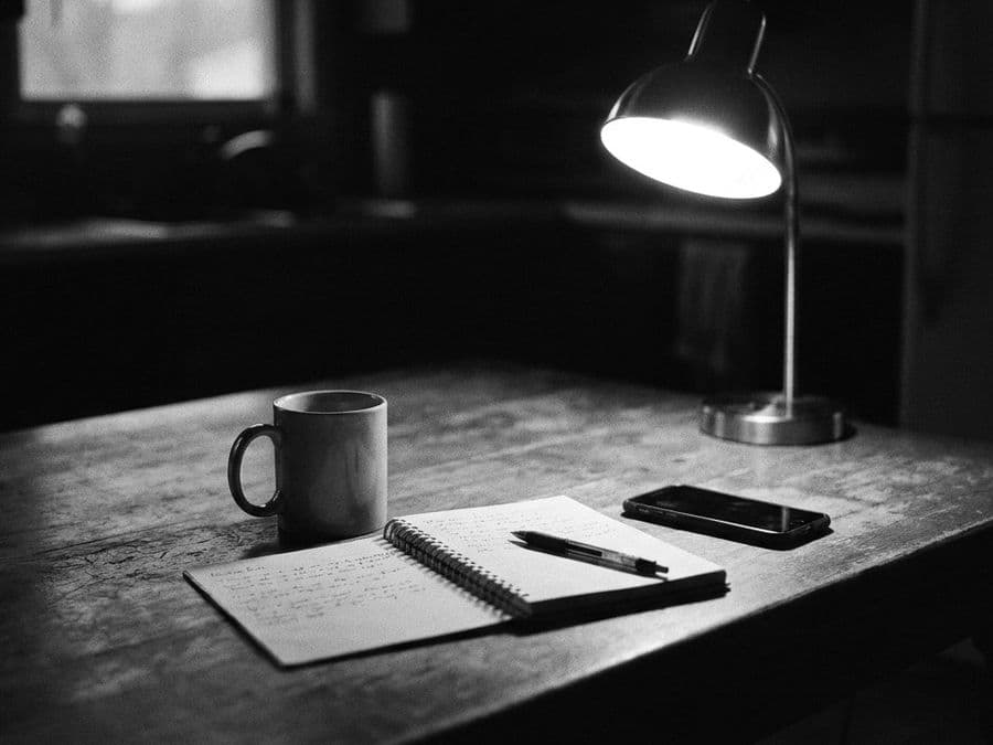 A kitchen table before sunrise: coffee, an open notebook, a lamp.