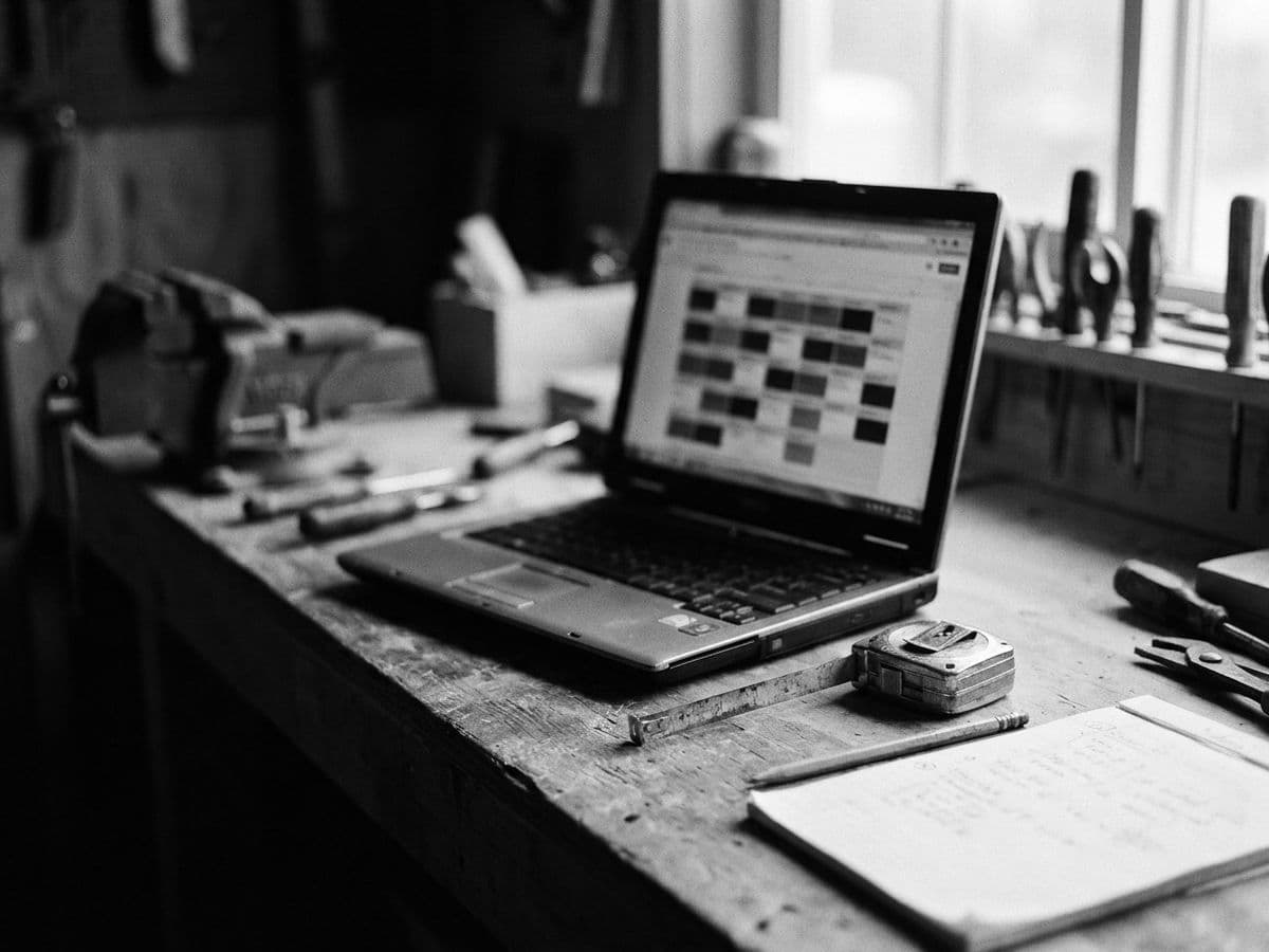 A laptop showing a job board on a workshop bench, a tape measure and quote pad beside it.