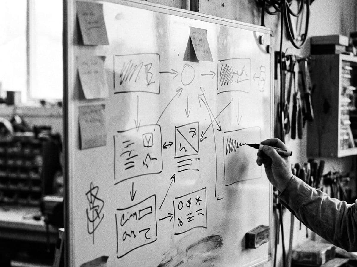 A hand drawing a process map on a workshop whiteboard.